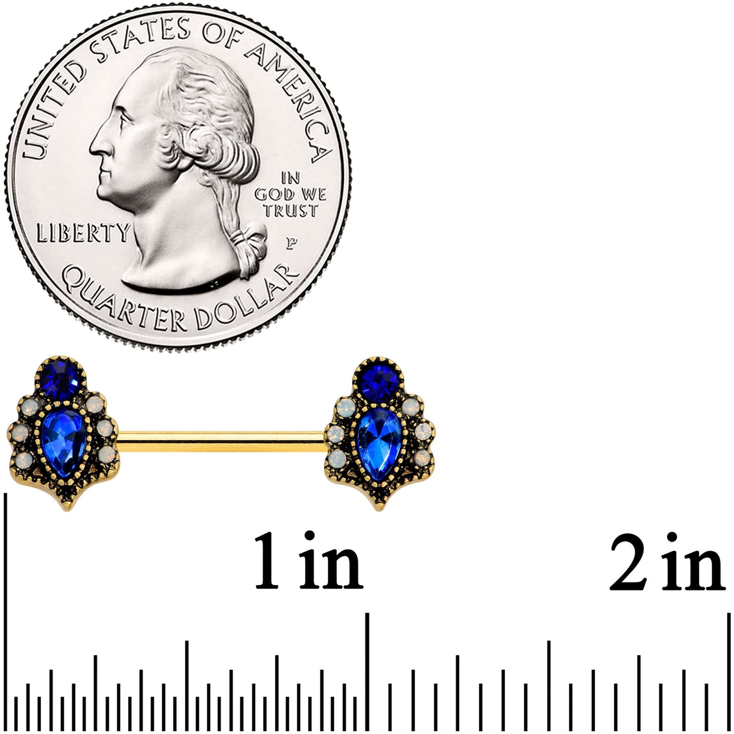 14 Gauge 9/16 Clear Blue Gem Gold Tone Heirloom Drop Nipple Ring Set