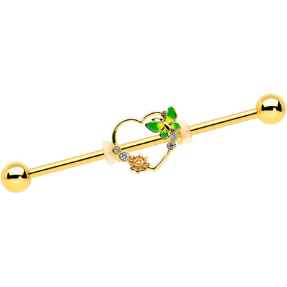 14 Gauge Clear CZ Gem Gold Tone Open Heart Sun Industrial Barbell 38mm