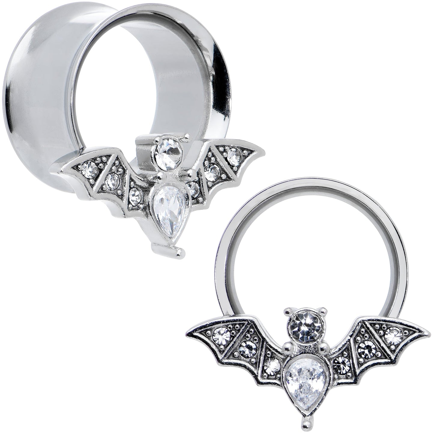 Clear Gem Bat Halloween Double Flare Tunnel Plug Set