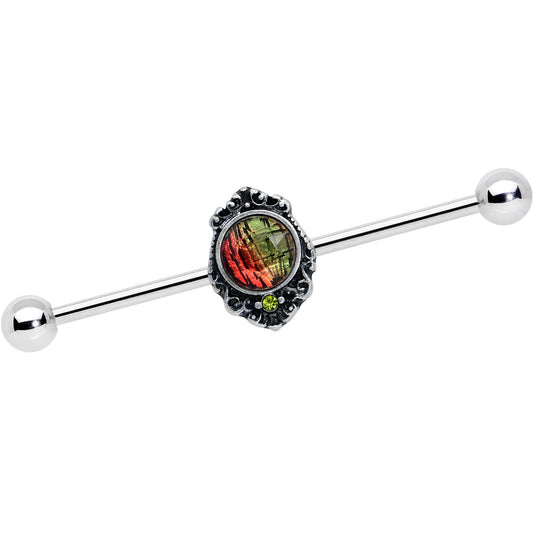 14 Gauge Green Orange Tourmaline Fire Industrial Barbell 38mm