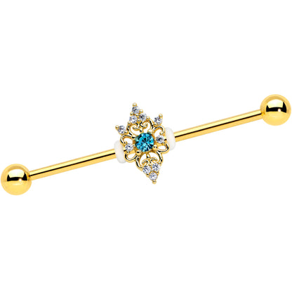 14 Gauge Clear Blue Gem Gold Tone Royal Heart Industrial barbell 38mm