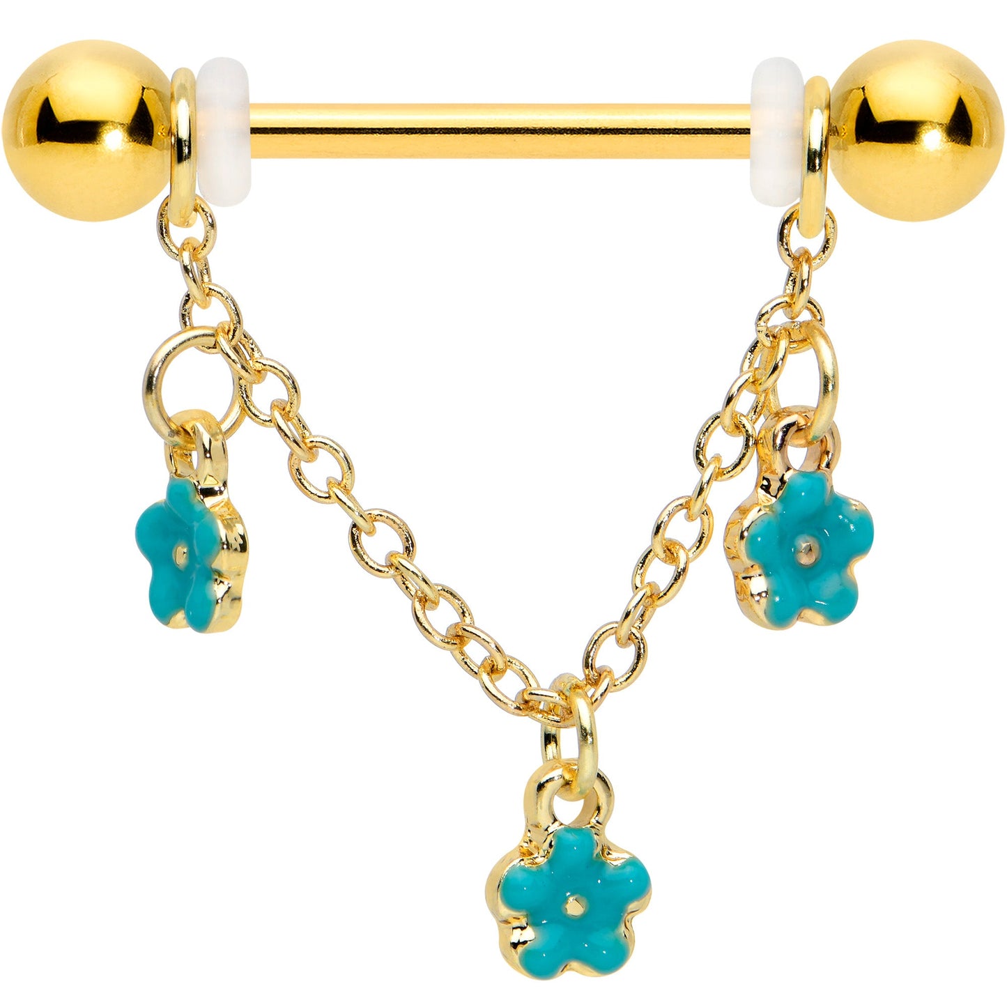 14 Gauge 9/16 Gold Tone Blue Flowers Chain Dangle Nipple Ring Set