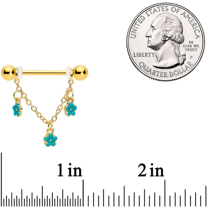 14 Gauge 9/16 Gold Tone Blue Flowers Chain Dangle Nipple Ring Set