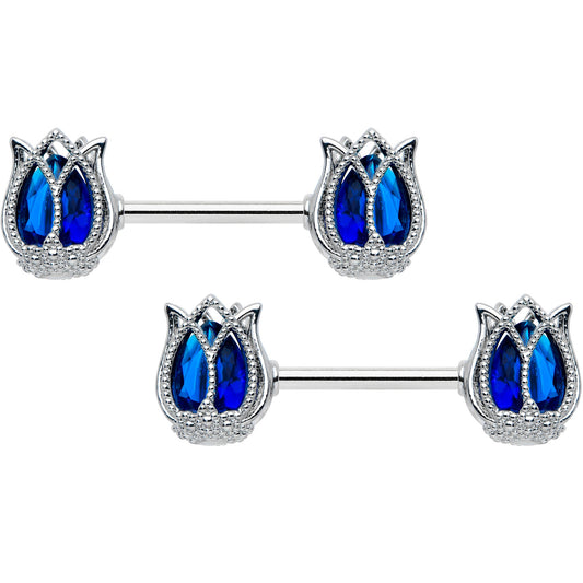 14 Gauge 9/16 Blue Gem Tulip Flower Barbell Nipple Ring Set