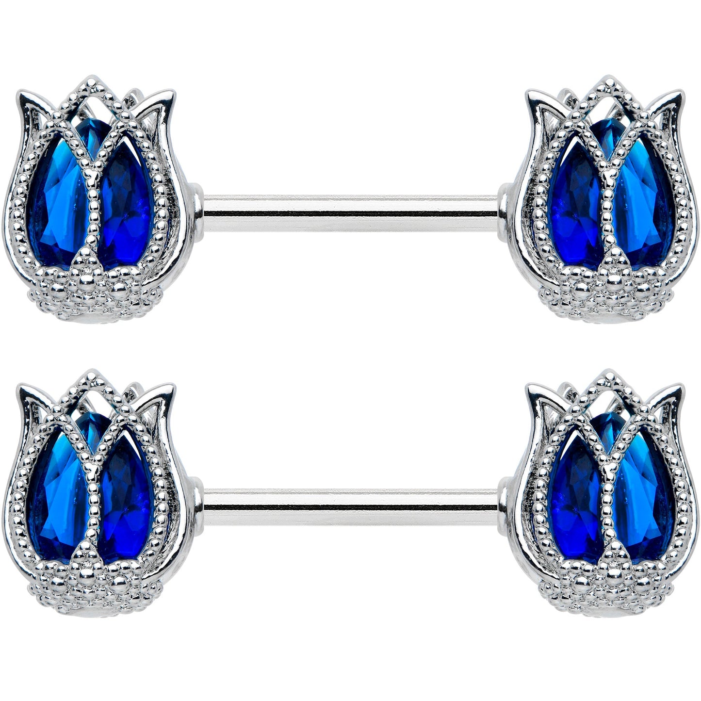 14 Gauge 9/16 Blue Gem Tulip Flower Barbell Nipple Ring Set