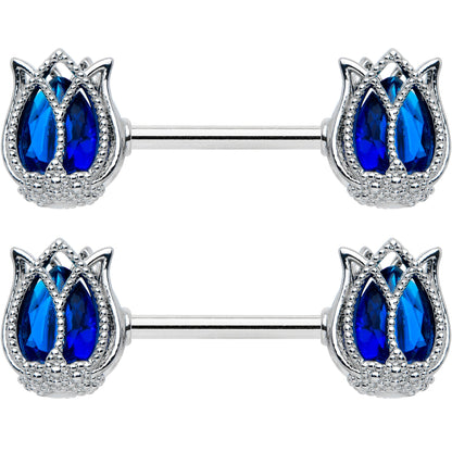 14 Gauge 9/16 Blue Gem Tulip Flower Barbell Nipple Ring Set