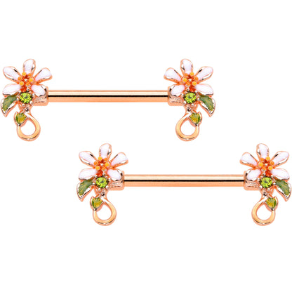 14 Gauge 9/16 Green Gem Rose Gold Tone Orange Flower Nipple Ring Set