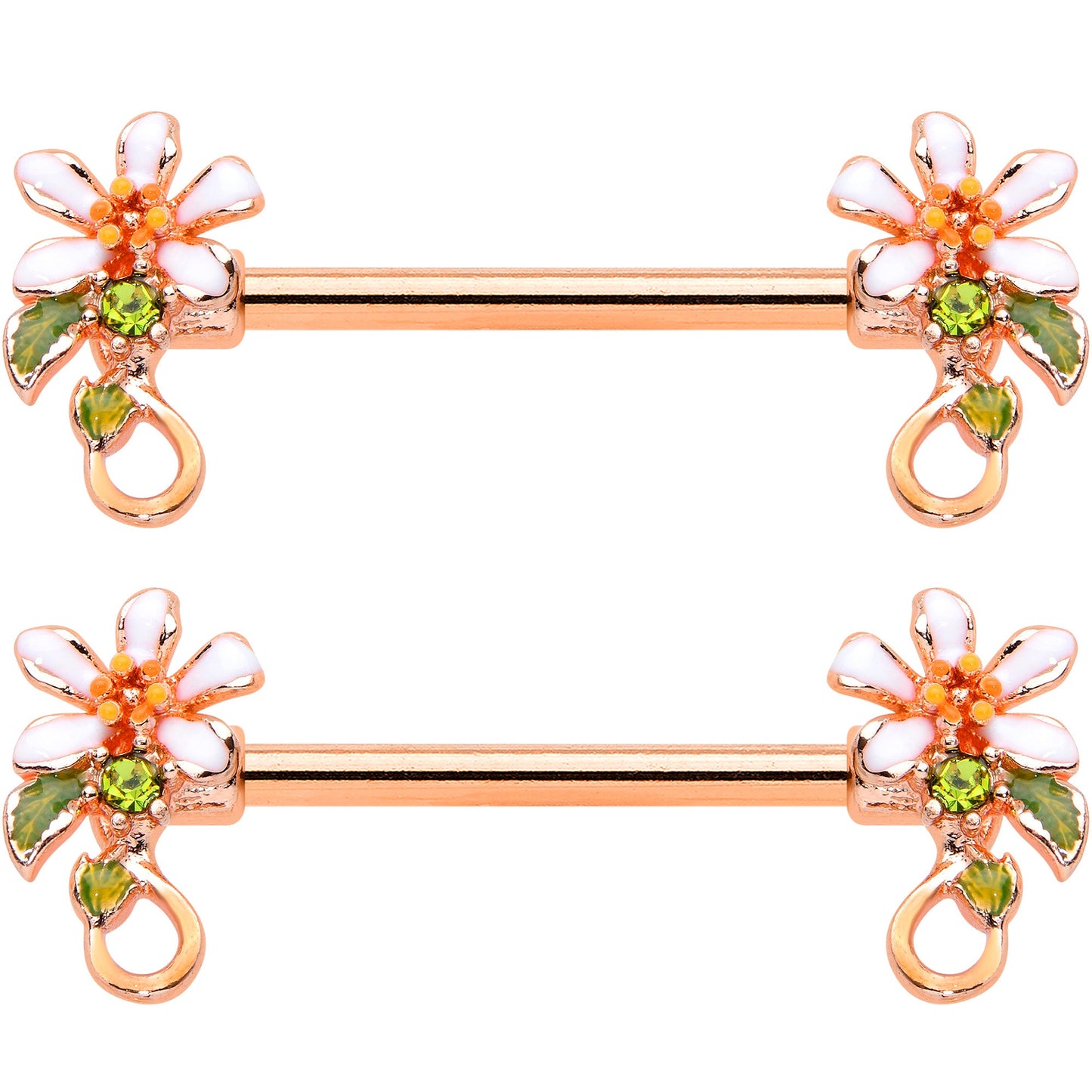 14 Gauge 9/16 Green Gem Rose Gold Tone Orange Flower Nipple Ring Set