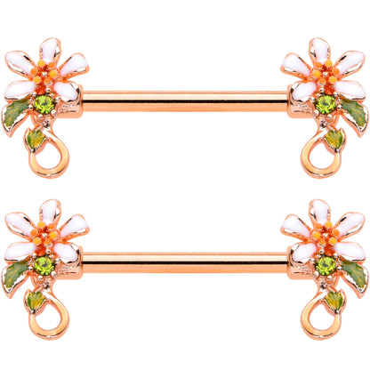 14 Gauge 9/16 Green Gem Rose Gold Tone Orange Flower Nipple Ring Set