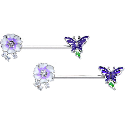 14 Gauge 9/16 Clear CZ Gem Flower Blue Butterfly Nipple Ring Set