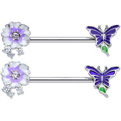 14 Gauge 9/16 Clear CZ Gem Flower Blue Butterfly Nipple Ring Set