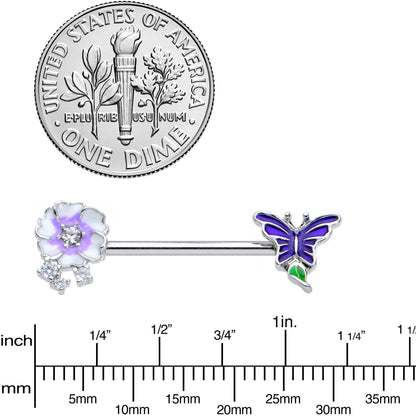 14 Gauge 9/16 Clear CZ Gem Flower Blue Butterfly Nipple Ring Set