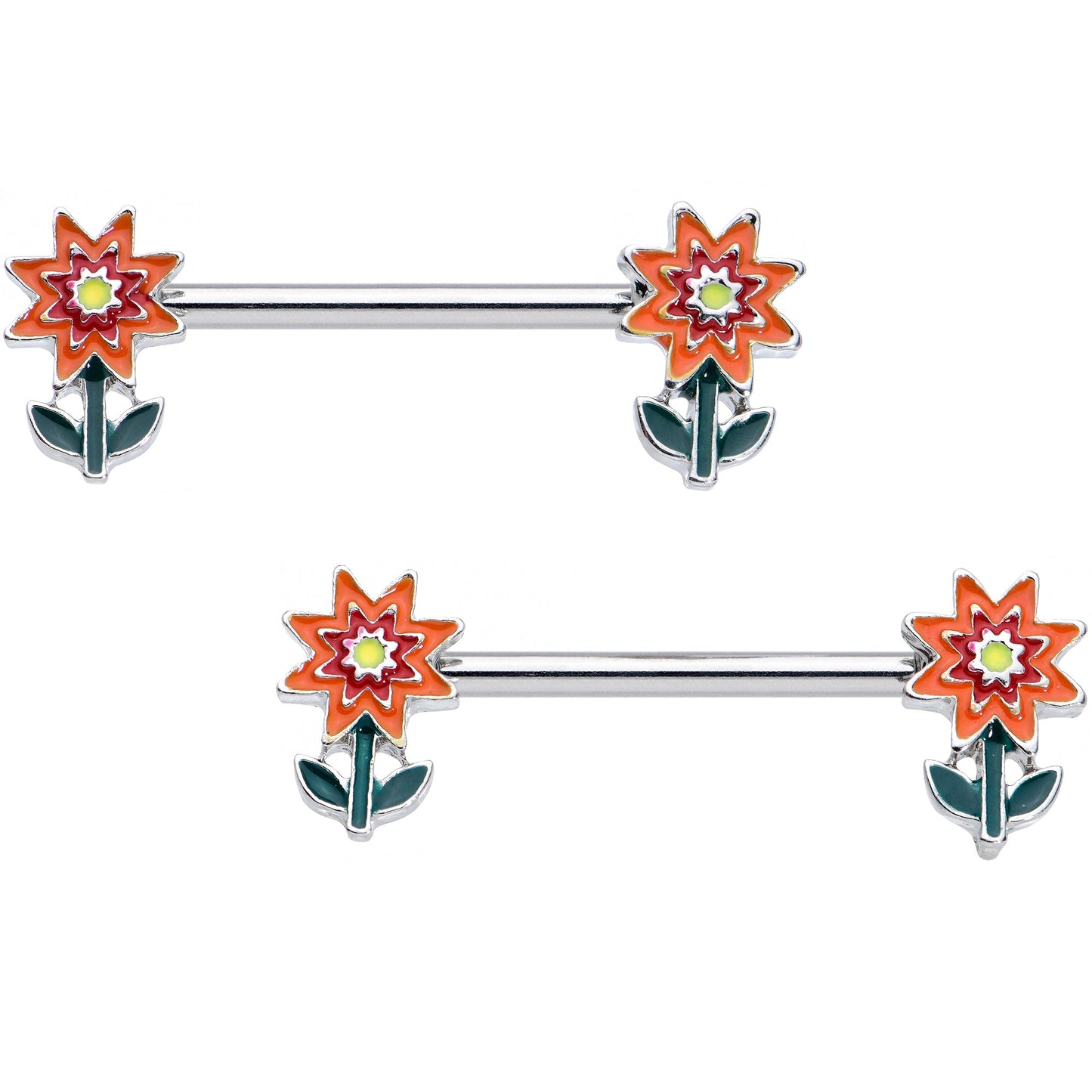 14 Gauge 9/16 Red Orange Fanciful Flower Barbell Nipple Ring Set