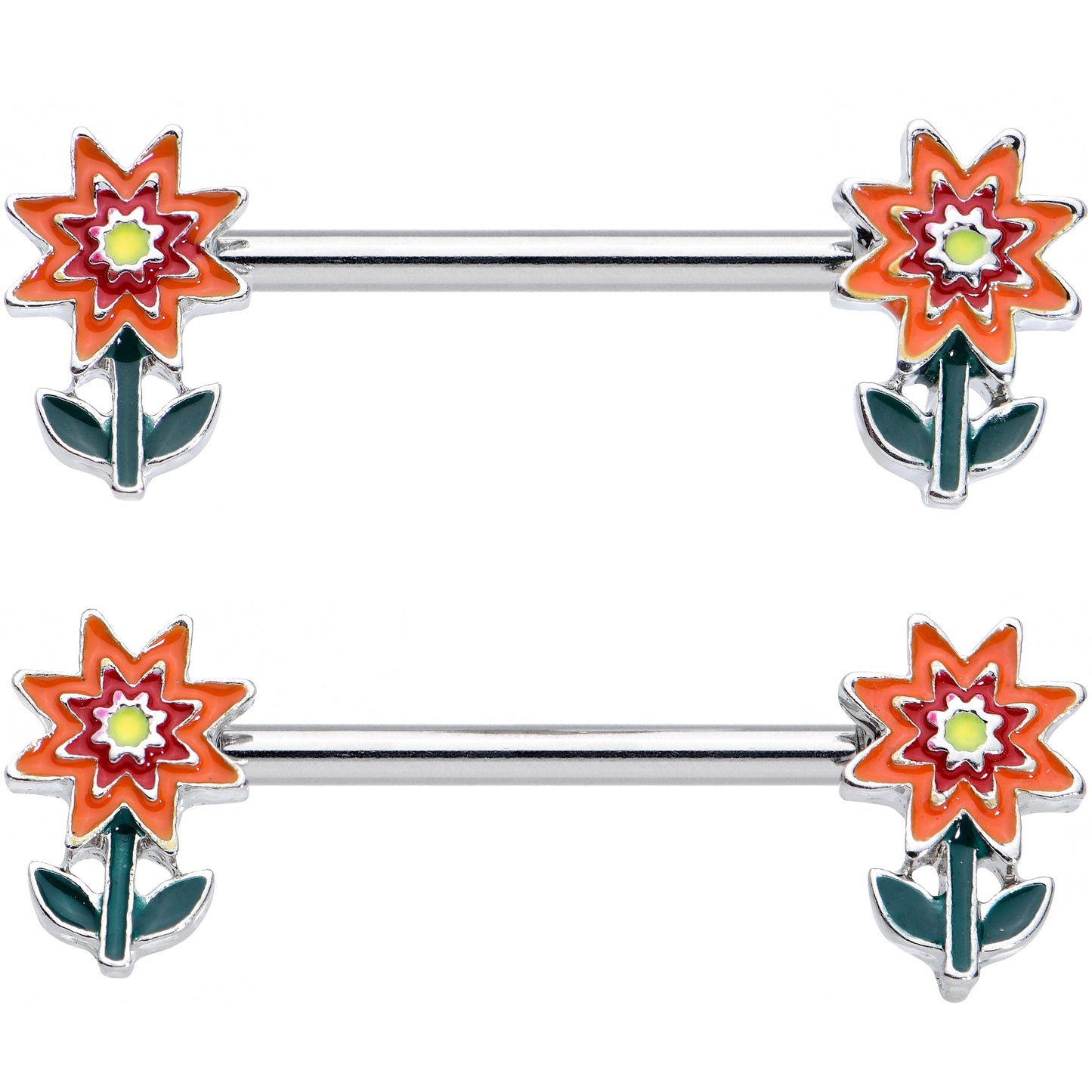 14 Gauge 9/16 Red Orange Fanciful Flower Barbell Nipple Ring Set