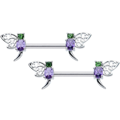 14 Gauge 9/16 Purple Green Gem Dragonfly Barbell Nipple Ring Set