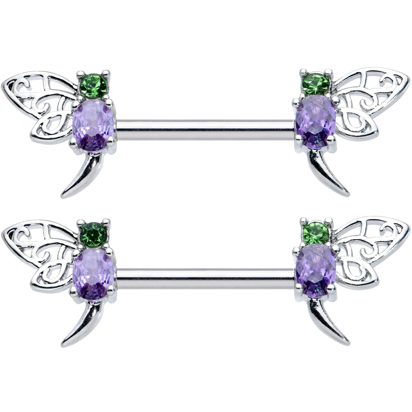 14 Gauge 9/16 Purple Green Gem Dragonfly Barbell Nipple Ring Set