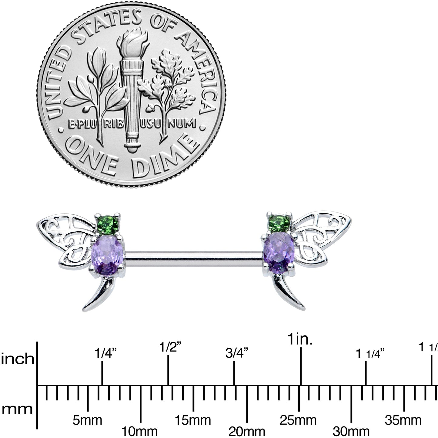 14 Gauge 9/16 Purple Green Gem Dragonfly Barbell Nipple Ring Set