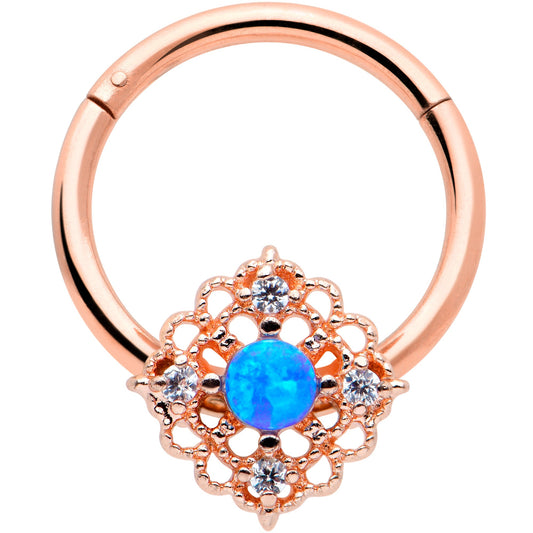 16 Gauge 3/8 Blue Synthetc Opal Rose Gold Hue Lacy Hinged Segment Ring