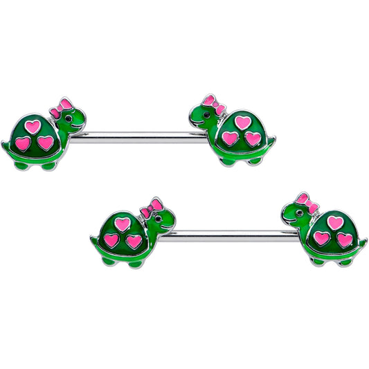 14 Gauge 9/16 Green Pink Bow Heart Turtle Barbell Nipple Ring Set