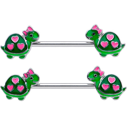 14 Gauge 9/16 Green Pink Bow Heart Turtle Barbell Nipple Ring Set