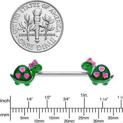 14 Gauge 9/16 Green Pink Bow Heart Turtle Barbell Nipple Ring Set