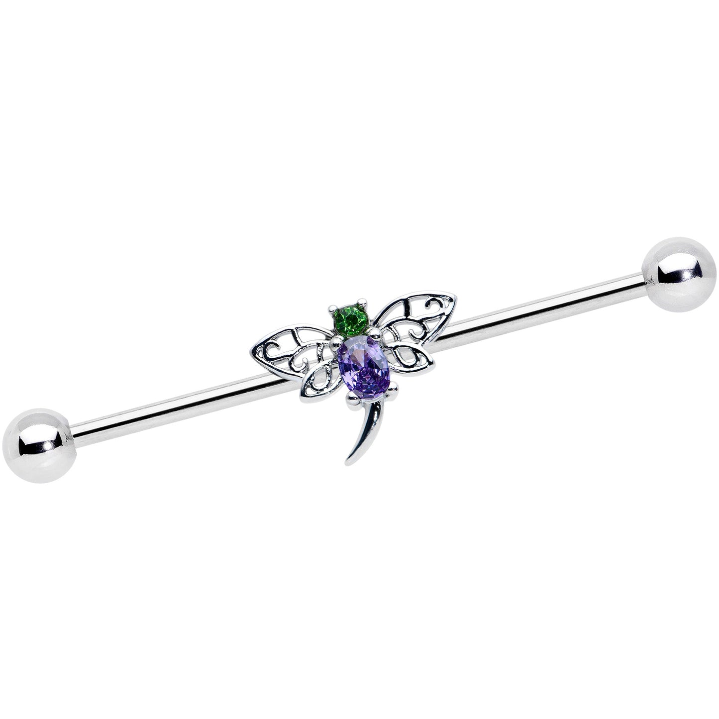 14 Gauge Purple Green Gem Dragonfly Industrial Barbell 38mm