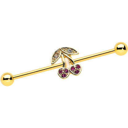 14 Gauge Clear Purple Gem Gold Tone Cherry Industrial Barbell 38mm