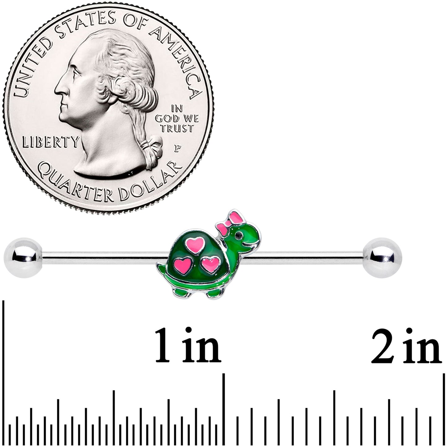 14 Gauge Pink Green Hearts Bow Pretty Turtle Industrial Barbell 38mm