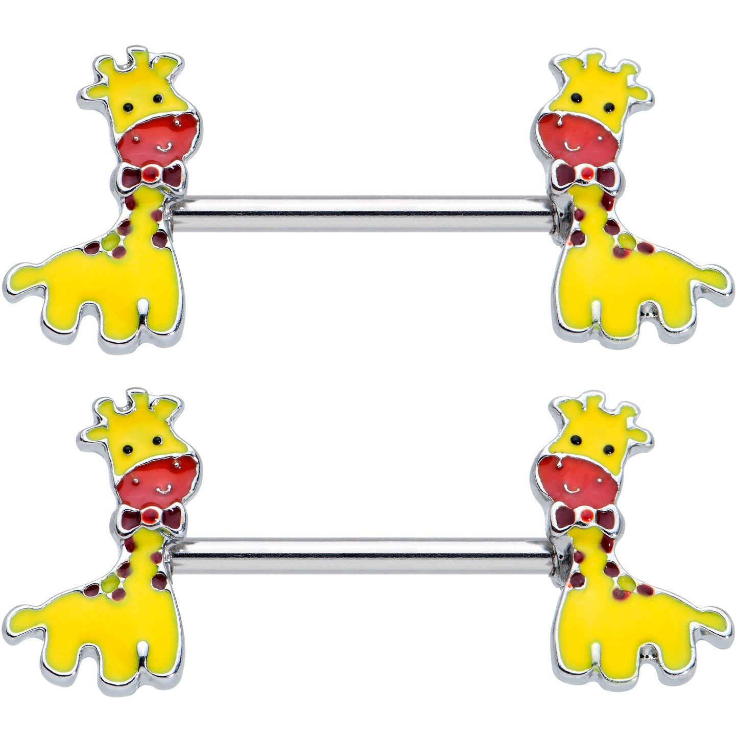 14 Gauge 9/16 Bow Tie Yellow Red Giraffe Barbell Nipple Ring Set