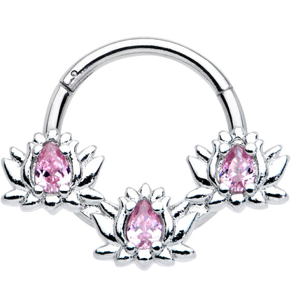 16 Gauge 3/8 Pink CZ Gem Triple Lotus Hinged Segment Ring