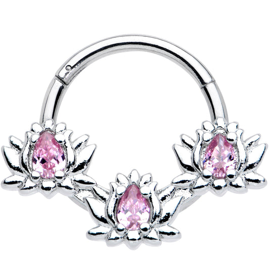 16 Gauge 3/8 Pink CZ Gem Triple Lotus Hinged Segment Ring