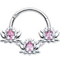 16 Gauge 3/8 Pink CZ Gem Triple Lotus Hinged Segment Ring