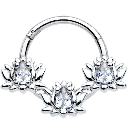 16 Gauge 3/8 Clear CZ Gem Triple Lotus Hinged Segment Ring