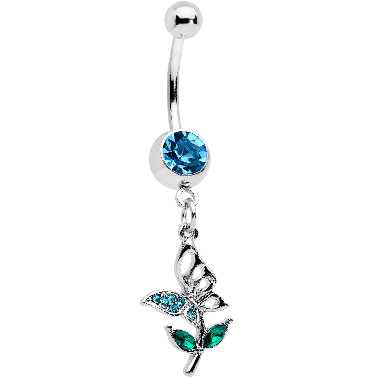 Blue Green Gem Perching Floral Butterfly Dangle Belly Ring