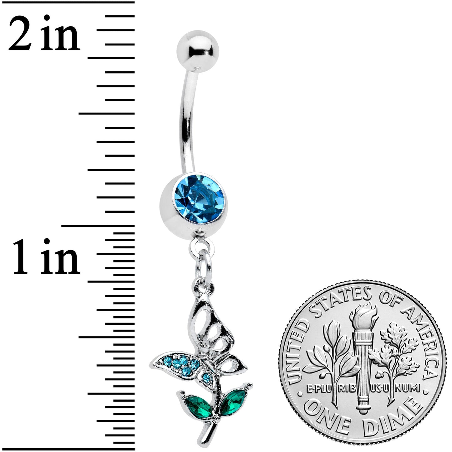 Blue Green Gem Perching Floral Butterfly Dangle Belly Ring