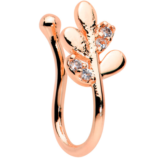 Clear Gem Rose Gold Tone Leaves of Love Clip On Fake Nose Ring