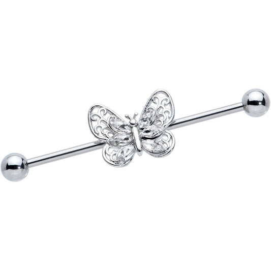 14 Gauge Clear Gem Lacy Butterfly Industrial Barbell 38mm