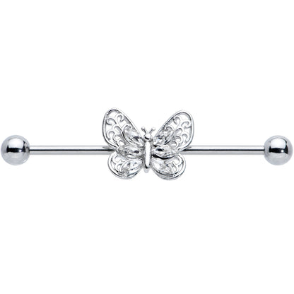 14 Gauge Clear Gem Lacy Butterfly Industrial Barbell 38mm