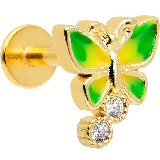 16 Gauge 1/4 Clear CZ Gem Gold Tone Green Butterfly Labret Tragus