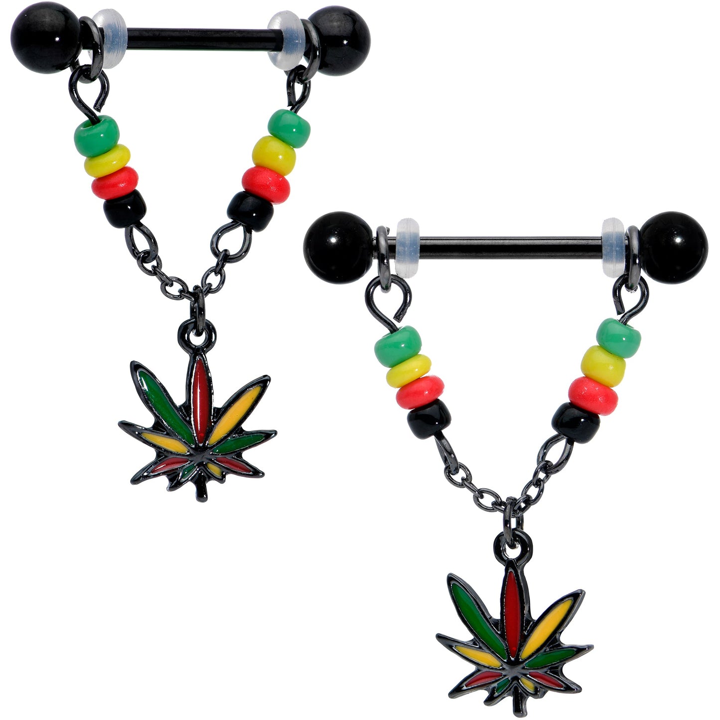 14 Gauge 9/16 Black Multicolor Pot Leaf Dangle Barbell Nipple Ring Set