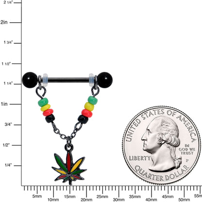 14 Gauge 9/16 Black Multicolor Pot Leaf Dangle Barbell Nipple Ring Set