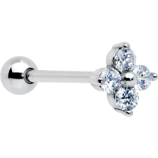 Clear CZ Gem Simple Flower Top Barbell Tongue Ring