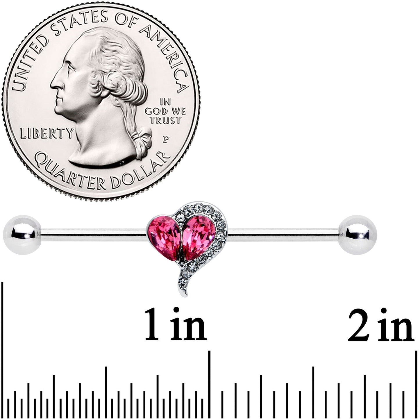 14 Gauge Clear Pink Gem Curve Heart Valentines Industrial Barbell 38mm