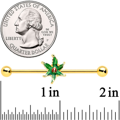 14 Gauge Gold Tone Tiny Ladybug Leaves Industrial Barbell 38mm