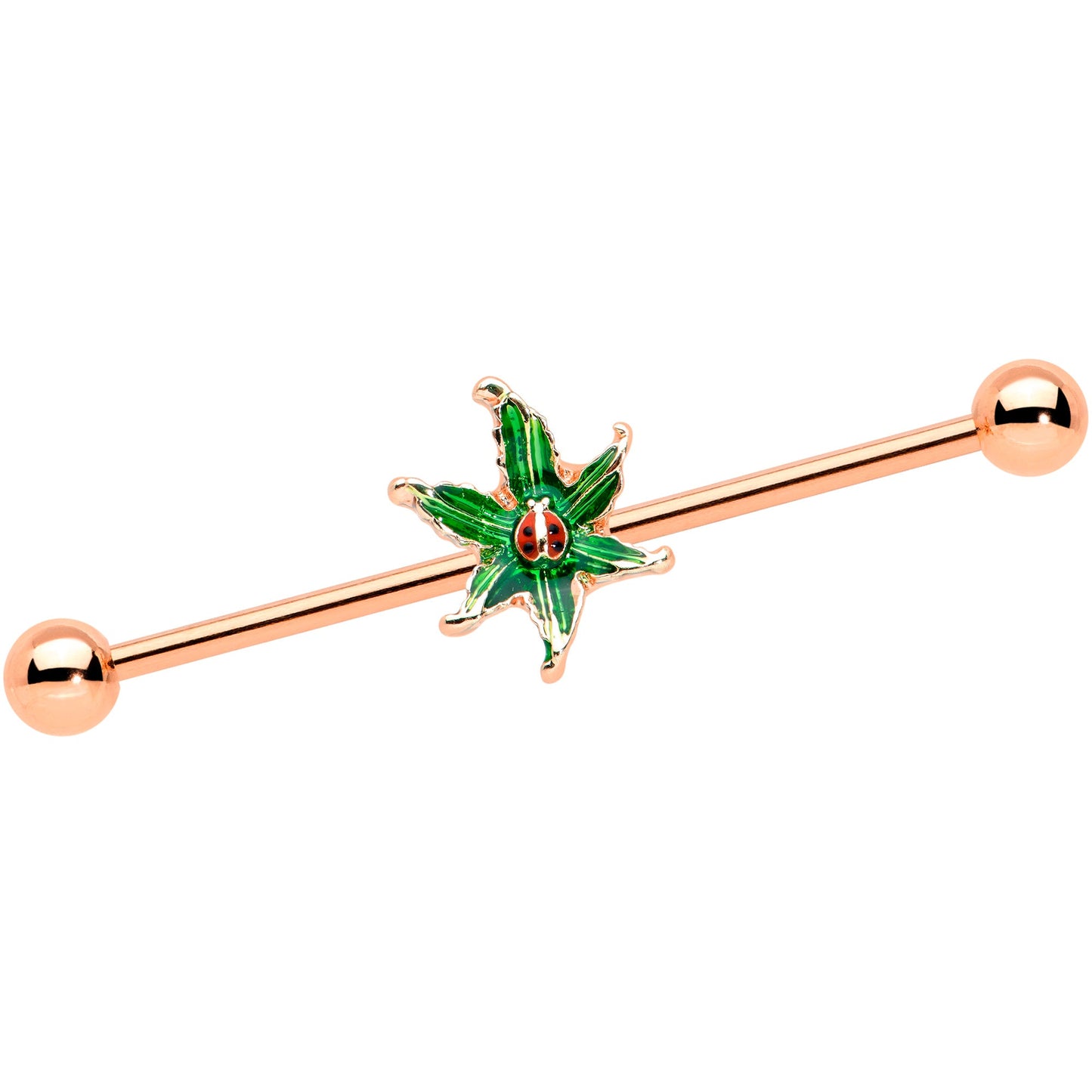 14 Gauge Rose Gold Tone Tiny Ladybug Leaves Industrial Barbell 38mm