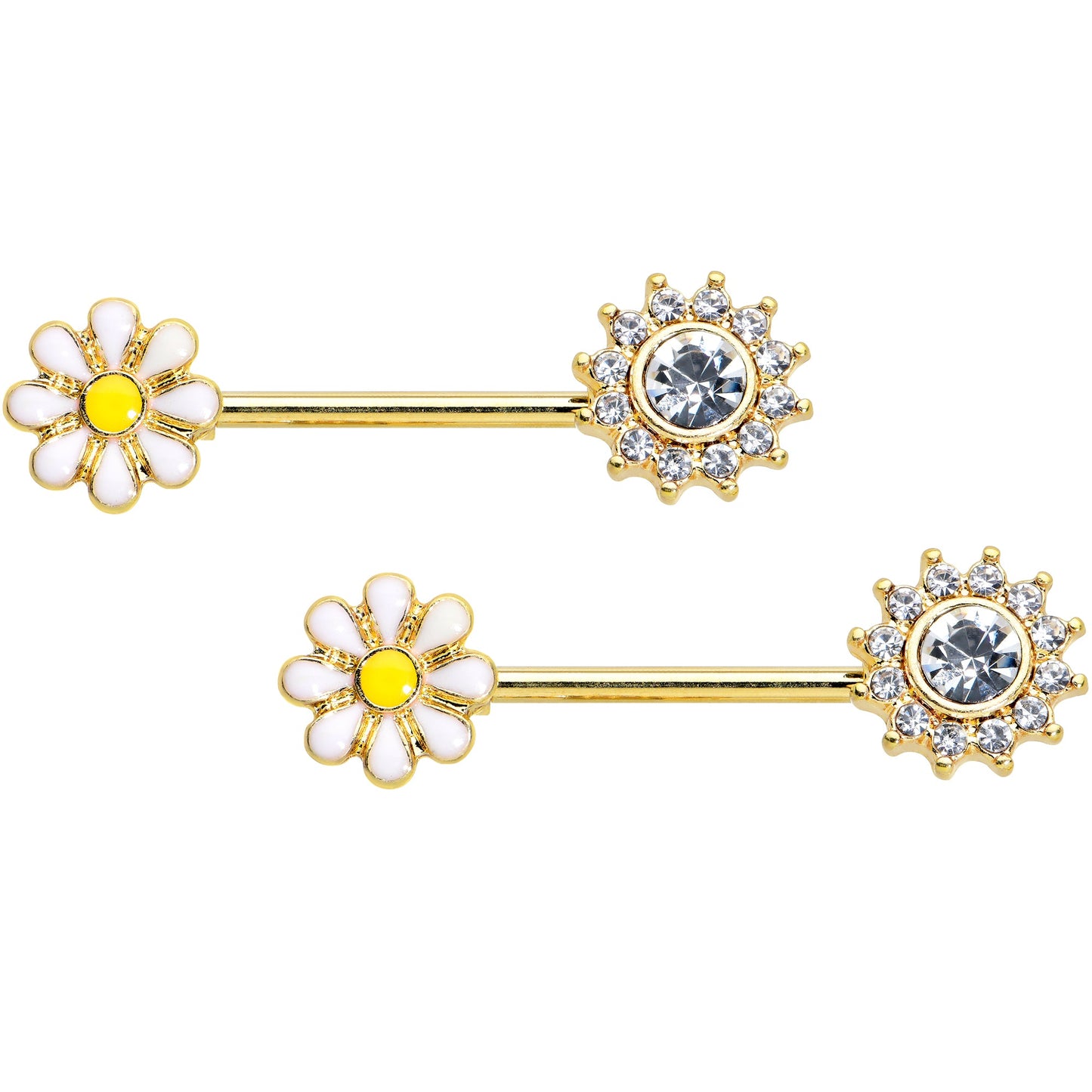 14 Gauge 9/16 Clear Gem Gold Tone Sun Daisy Flower Nipple Ring Set