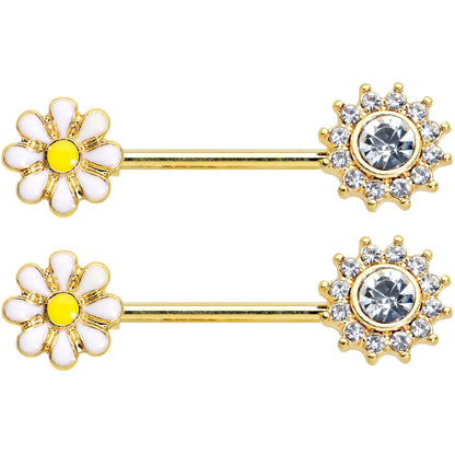 14 Gauge 9/16 Clear Gem Gold Tone Sun Daisy Flower Nipple Ring Set