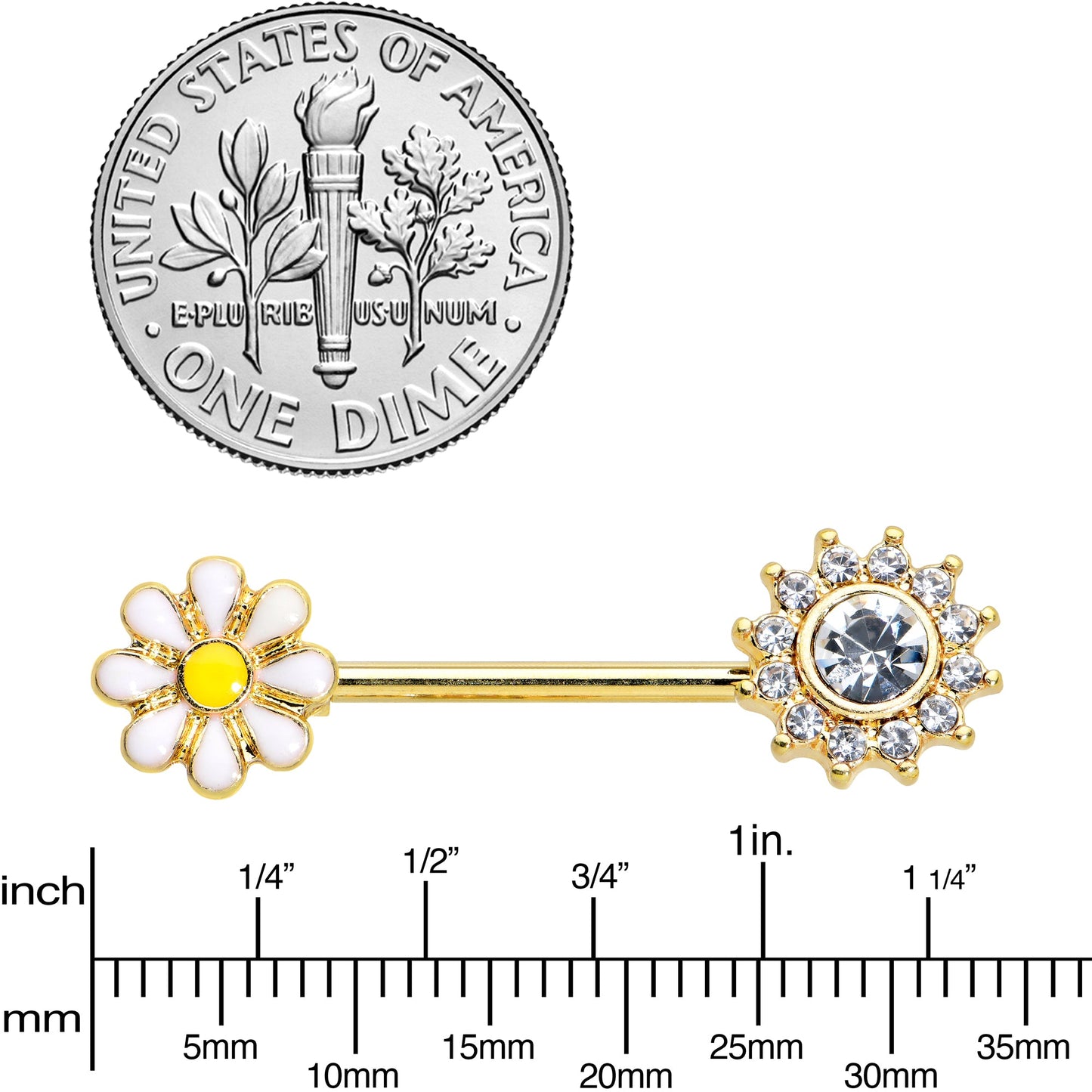 14 Gauge 9/16 Clear Gem Gold Tone Sun Daisy Flower Nipple Ring Set