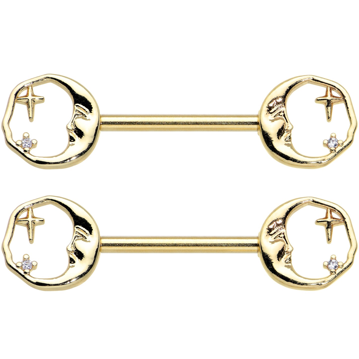 14 Gauge 9/16 Gold Tone Face Crescent Moon Barbell Nipple Ring Set