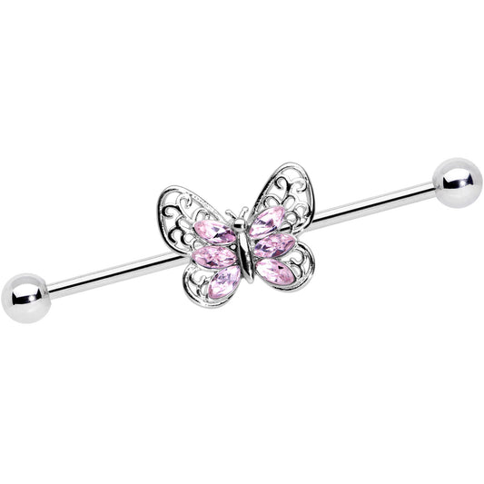 14 Gauge Pink Gem Lacy Butterfly Industrial Barbell 38mm